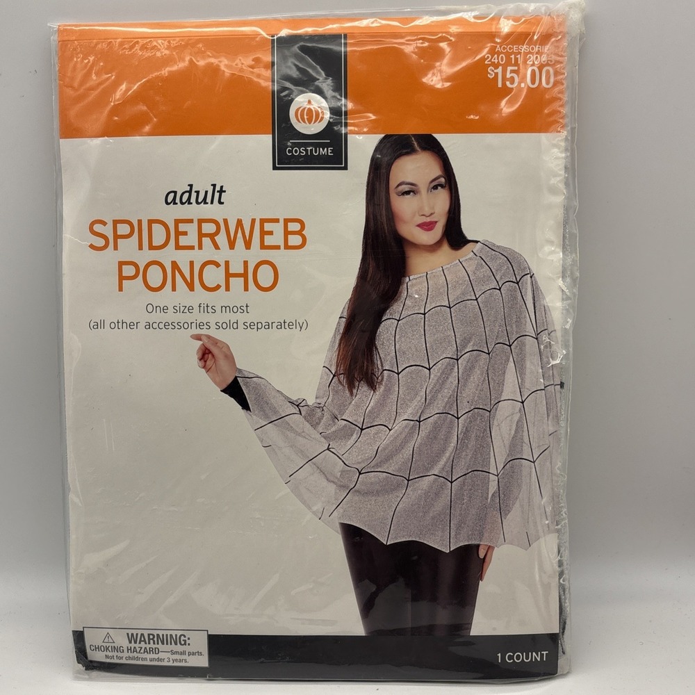 Adult spiderweb poncho costume Halloween silver sparkle